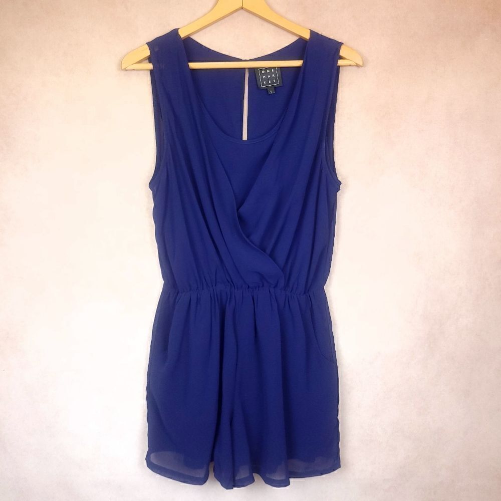 One Market Blue Sleevless Romper Jumpsuit Size Lg